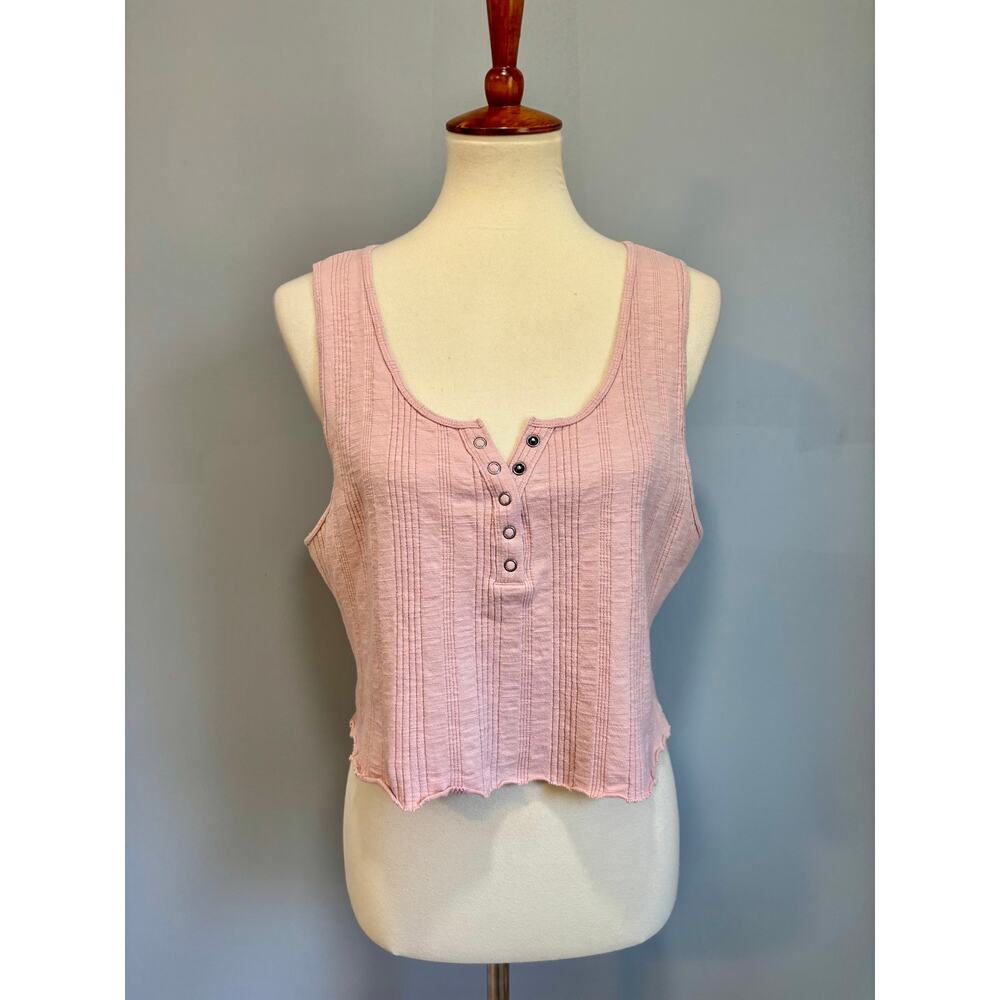 Pink Ribbed Henley Tank Top Pastel Boho Sleeveless Cropped Casual Summer, XL